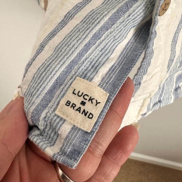 Lucky Brand Men’s Linen Blend Shirt Short Sleeve San Gabriel Blue Stripe Sz XL - Picture 7 of 9